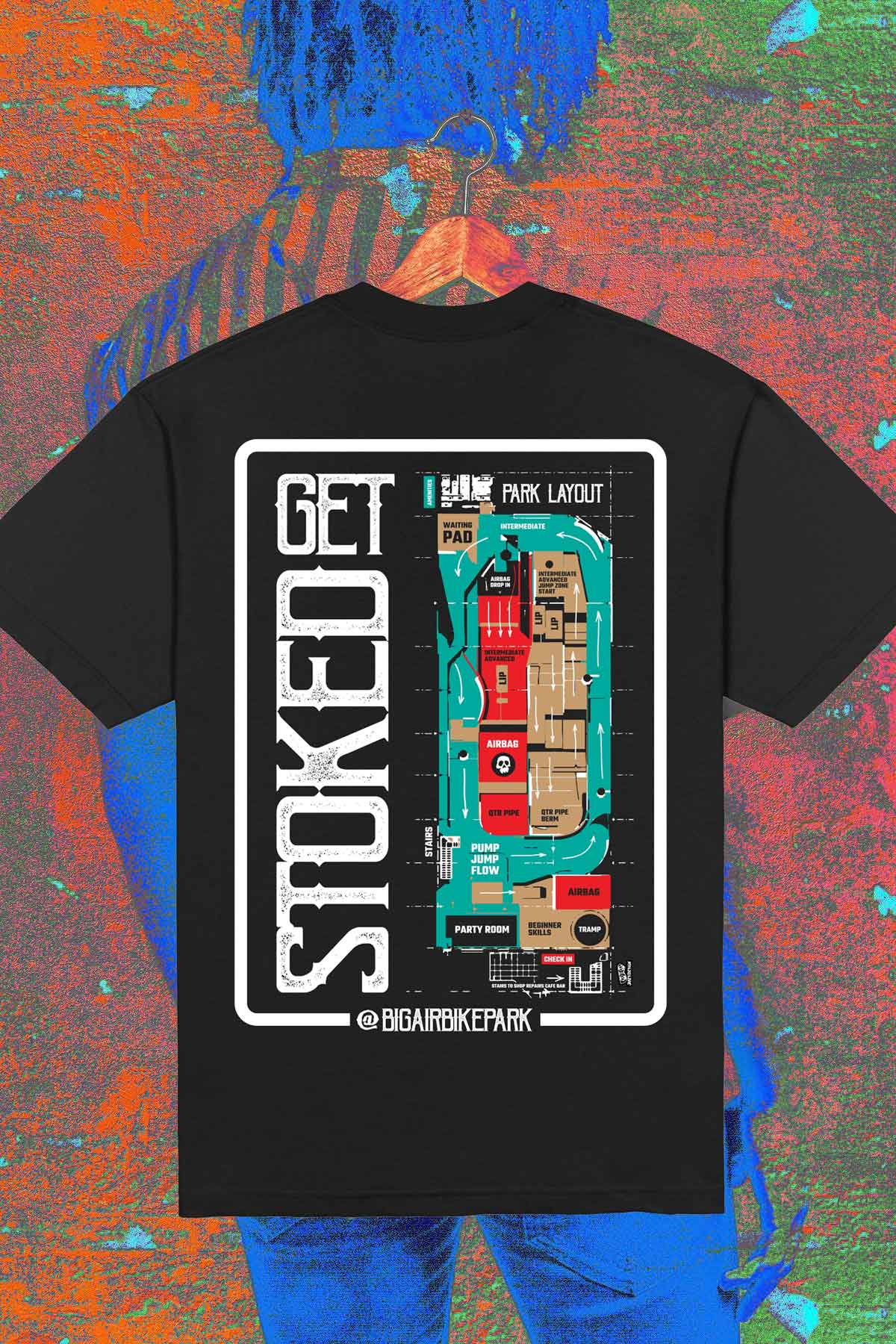 Big Air Indoor Bike park Get Stoked Black t-shirt park layout